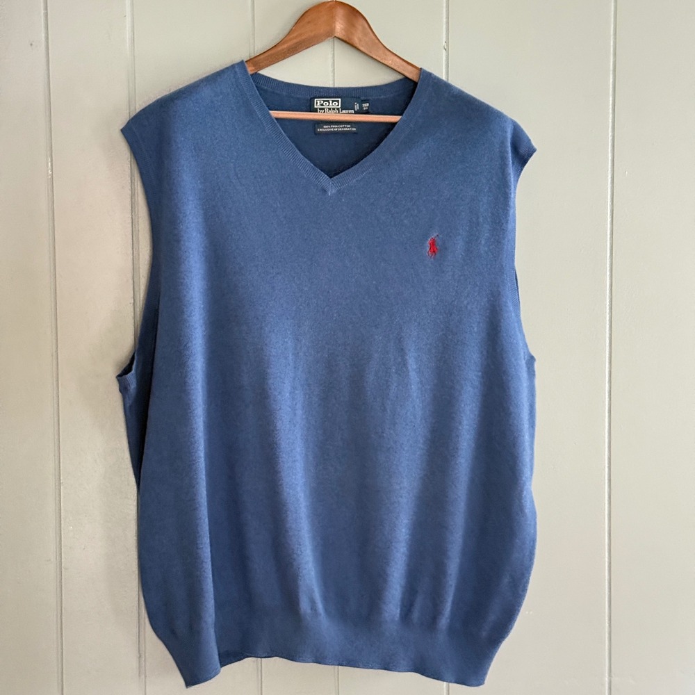Polo Ralph Lauren Men's 3XB Big Tall Sweater Vest Blue Pima Cotton Quiet Luxury